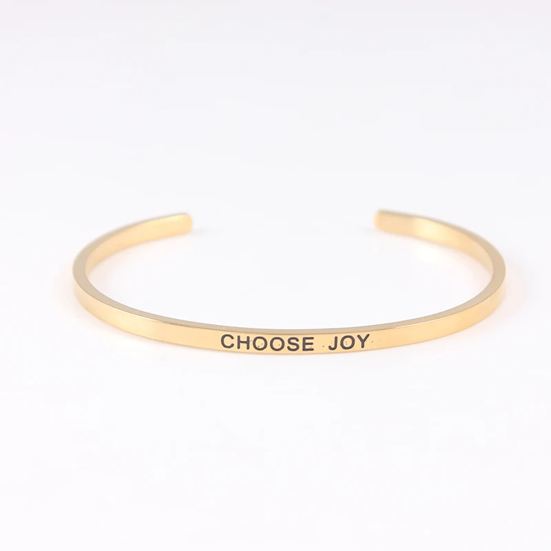 CHOOSE JOY" Stainless Steel Bangle Engraved Positive Inspirational Quote Cuff Mantra Bracelets For Women