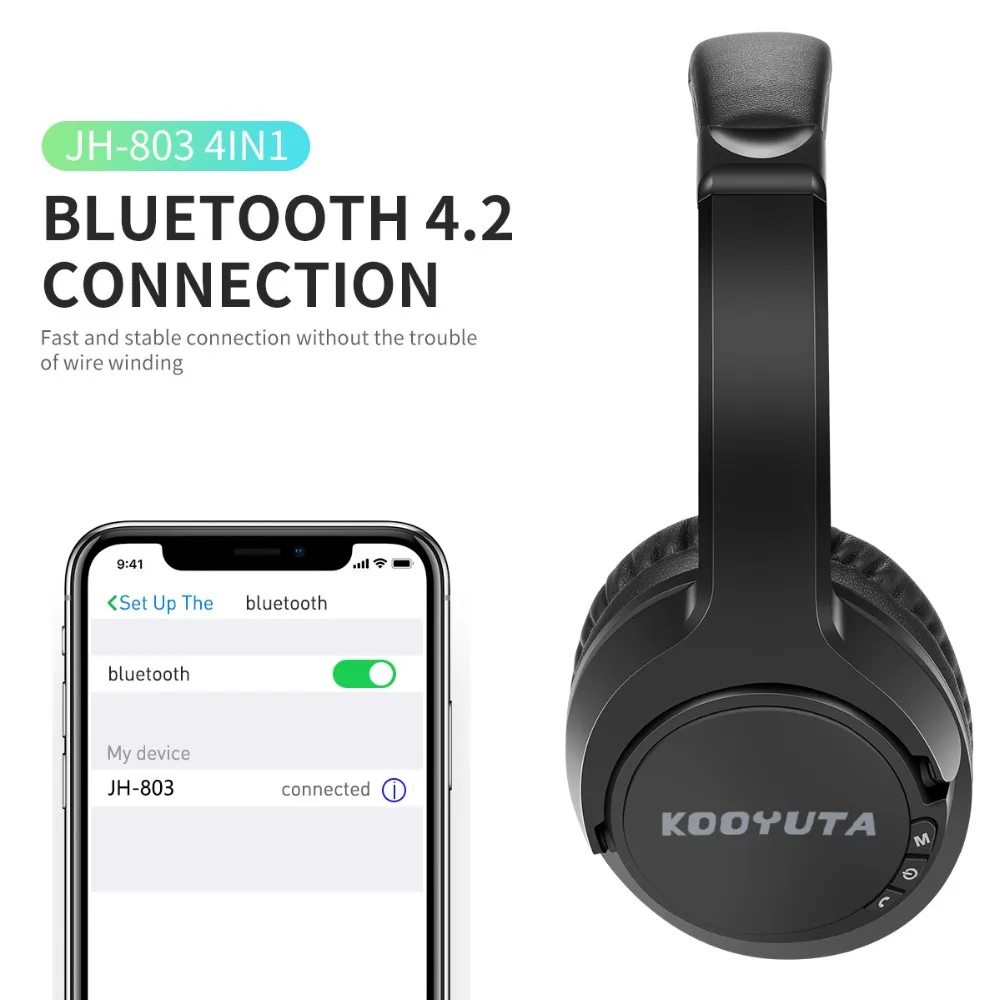 KOOYUTA Bluetooth наушники, Складные беспроводной наушники портативные bluetooth-наушники с микрофоном Поддержка TF карты и FM радио