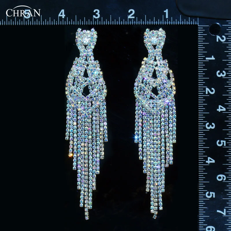 CHRAN Silver Full Rhinestone Earrings for Women Elegant Long Tassel Crystal Eardrop Festival Wedding Jewelry