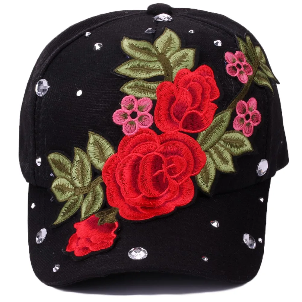 Роза, вышивка Цветочная Bling бейсбольная кепка со стразами Snapback Женская солнцезащитная Кепка