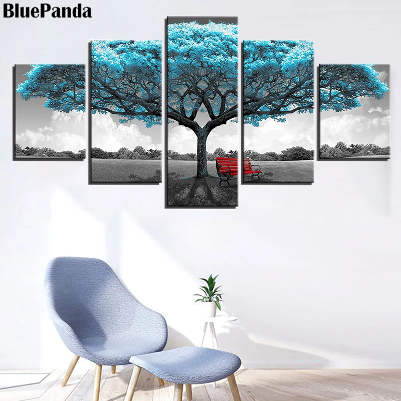 

The Tree Of Blue Leaves Five Pieces Modern Poster Oil Paintings On Canvas Wall Art Pictures For Living Room Home Decoration