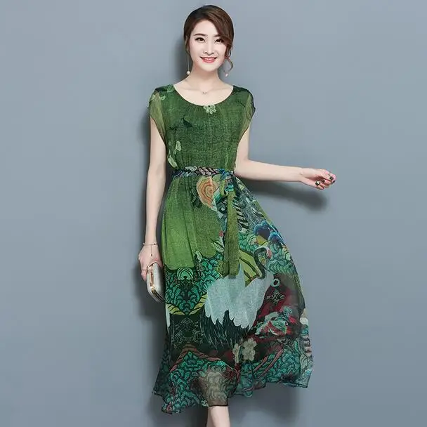 

Spring Summer Green Vintage Floral Print Dresses Women O-Neck Short Sleeve Silk Dress Mid-Calf Vestidos Big Size 4XL AH940