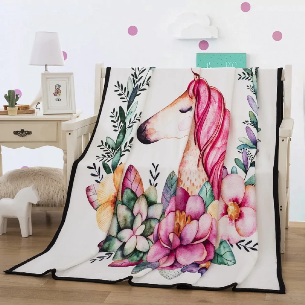 

Cartoon Unicorn Pink Floral Blanket for Beds Thin Quilt Fashionable Bedspread 150x200cm Coral Fleece Plush Throw Home Blanket