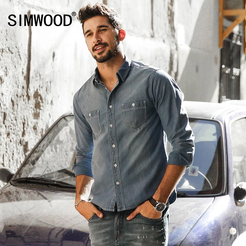 SIMWOOD 2019 новые весенне зимние джинсовые рубашки для мужчин с длинным рукавом 100%