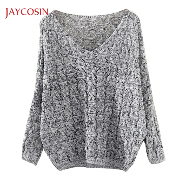

Jaycosin Clothes Lady Winter Autumn Fashion Sweater Women Out Bat Long Sleeve Loose V Collar Girls Elegant Gray Knitted Sweaters
