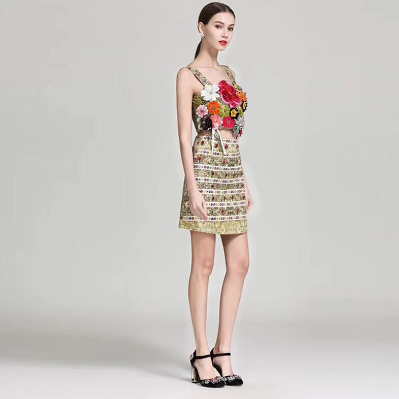 

High Quality 2019 Spring Summer New Designer Fashion Women's Three-dimensional Flower Camisole High Waist Half Skirt Two-piece