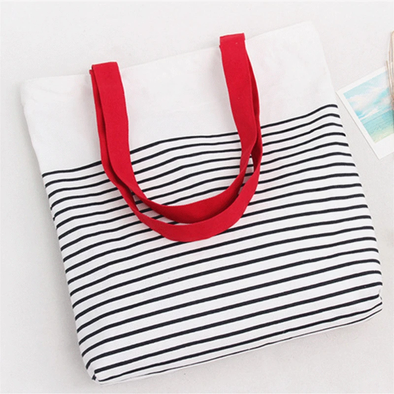 Cotton Stripe Canvas Shopping Tote Shoulder Carrying Bag Eco Reusable Bag Zippered Small Shopping Bag Cotton Stripe Canvas Shopping Tote Shoulder Carrying Bag Eco Reusable Bag Zippered Small Shopping Bag