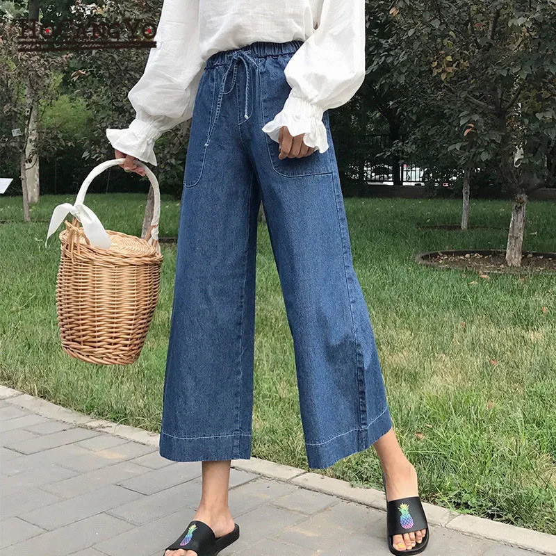 

Vintage Women Wide Leg Jeans Cotton Large Size High Waist Straight Washed Jeans Trousers Female Blue Elastic Waist Denim Pants