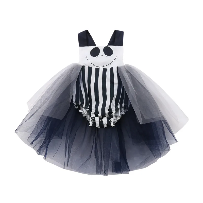 

Halloween Baby Girls Lace Tulle Romper Dress Cute Infant Baby Girl Stripe Smiling Face Print Romper Sleeveless Jumpsuit Outfits