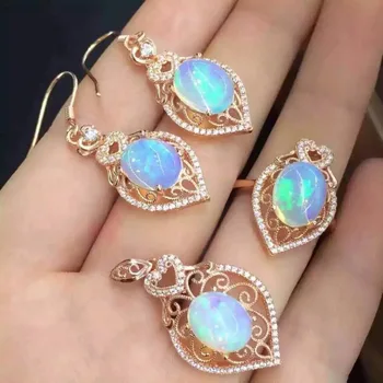 

Fashion Natural Multicolor opal Water drops Ring Pendant Earrings Natural Gemstone Jewelry Set 925 Silver Women party jewelry