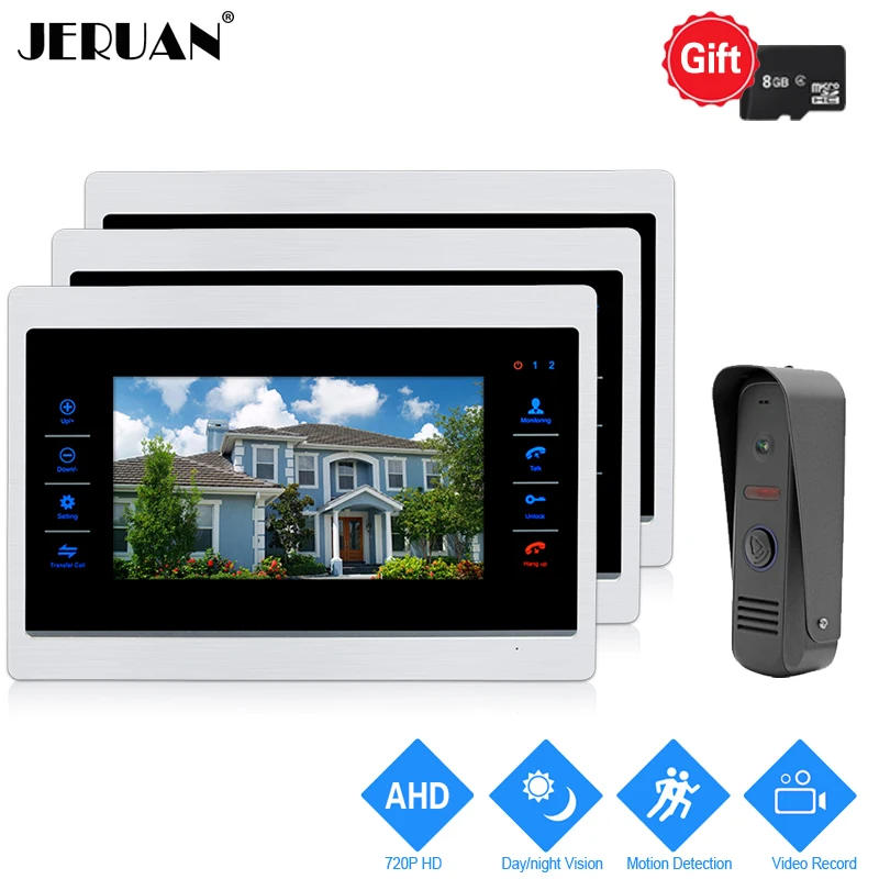 

JERUAN 720P AHD HD Motion Detection 10 inch LCD Video Door Phone Intercom System 3 Record Monitor +1.0MP HD IR Mini Camera 1V3