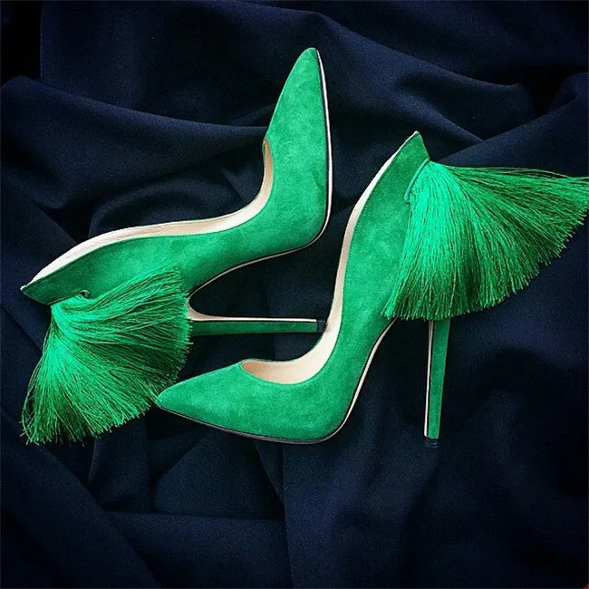 

beautiful Candy Color Suede Fringed High Heels Women Pumps Pointed Toe Sexy Ladies Stiletto Back Tassel Design Party Wedding Sho