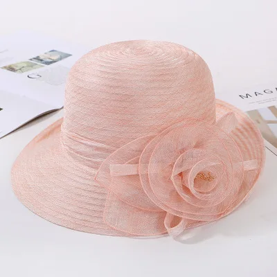 Элегантные женские широкие летние шляпы для женщин украшение из органзы в сетке большая Цветочная шляпа для защиты от солнца пляжная церковная шляпа сомбреро шляпа от солнца - Цвет: pink