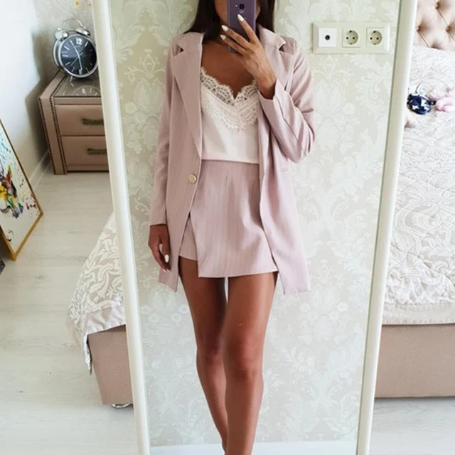 US $24.94 Fashion Women Skirt Suits One Button Notched Striped Blazer Jackets and Slim Mini Skirts Two Pieces