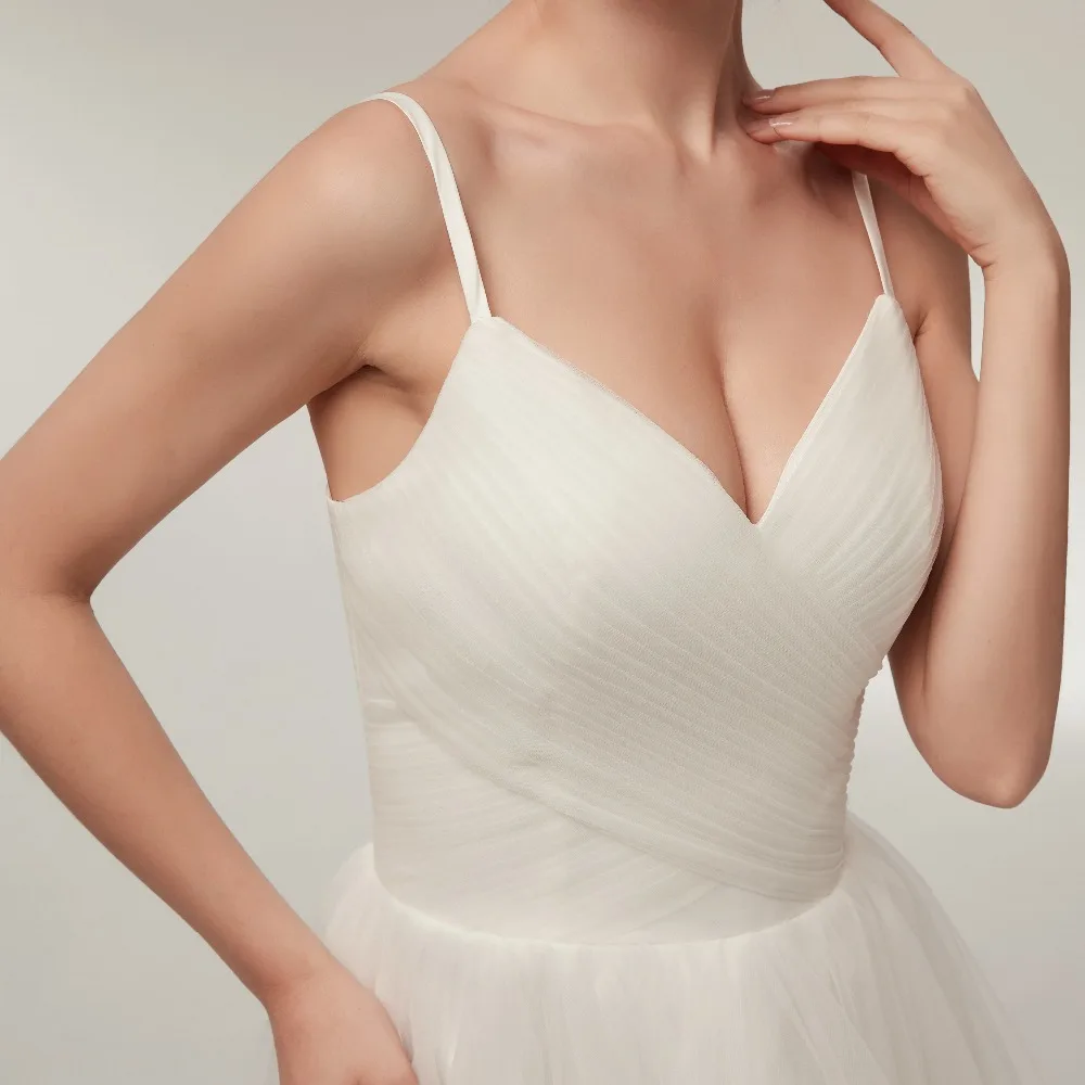 Spaghetti Straps V Neck Tulle Short Front Long Back Wedding Dress in Wedding dresses