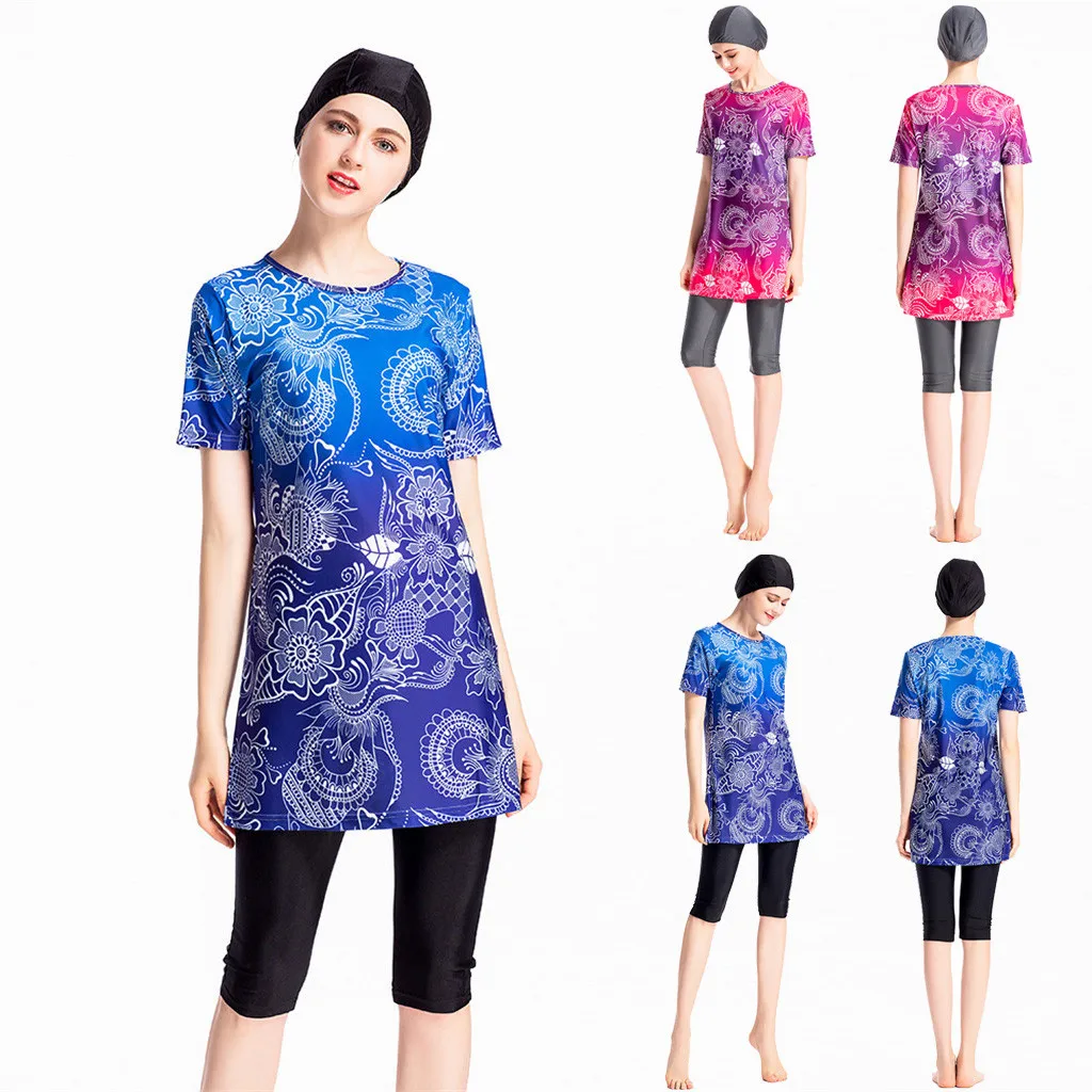 

Swimwear Women Muslim women's swimming suit Solid bikini Bathing Suit With Cap Printing Swimsuit Beachwear Women Swimwear