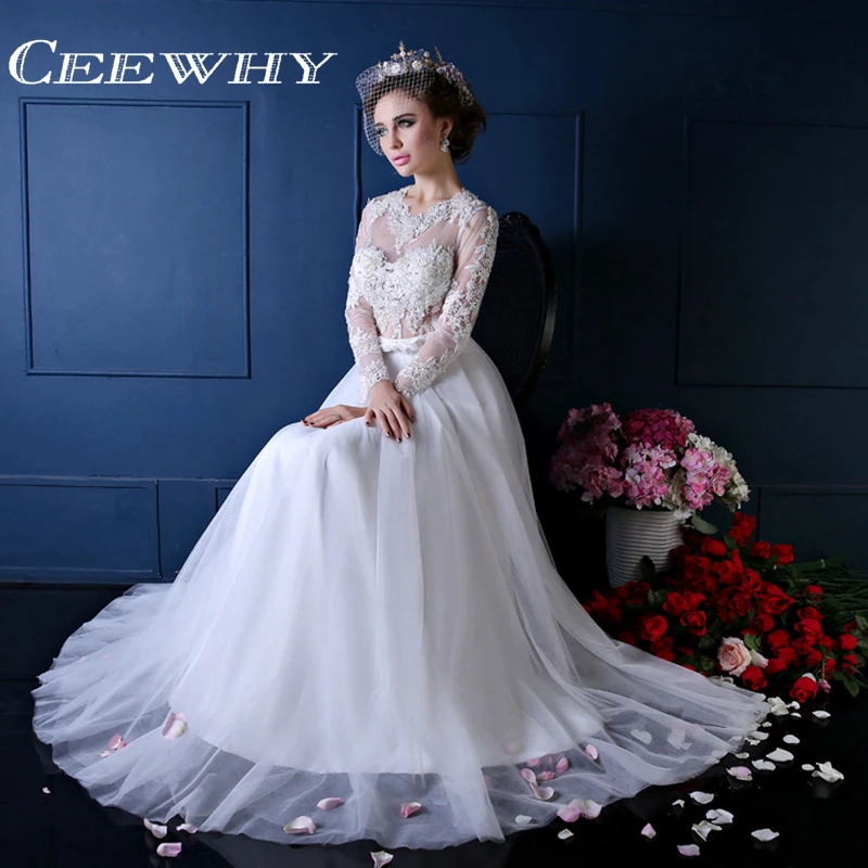 CEEWHY A Line White Evening Dress Long Sleeve Elegant Bridal Gowns Embroidery Long Tulle Dress
