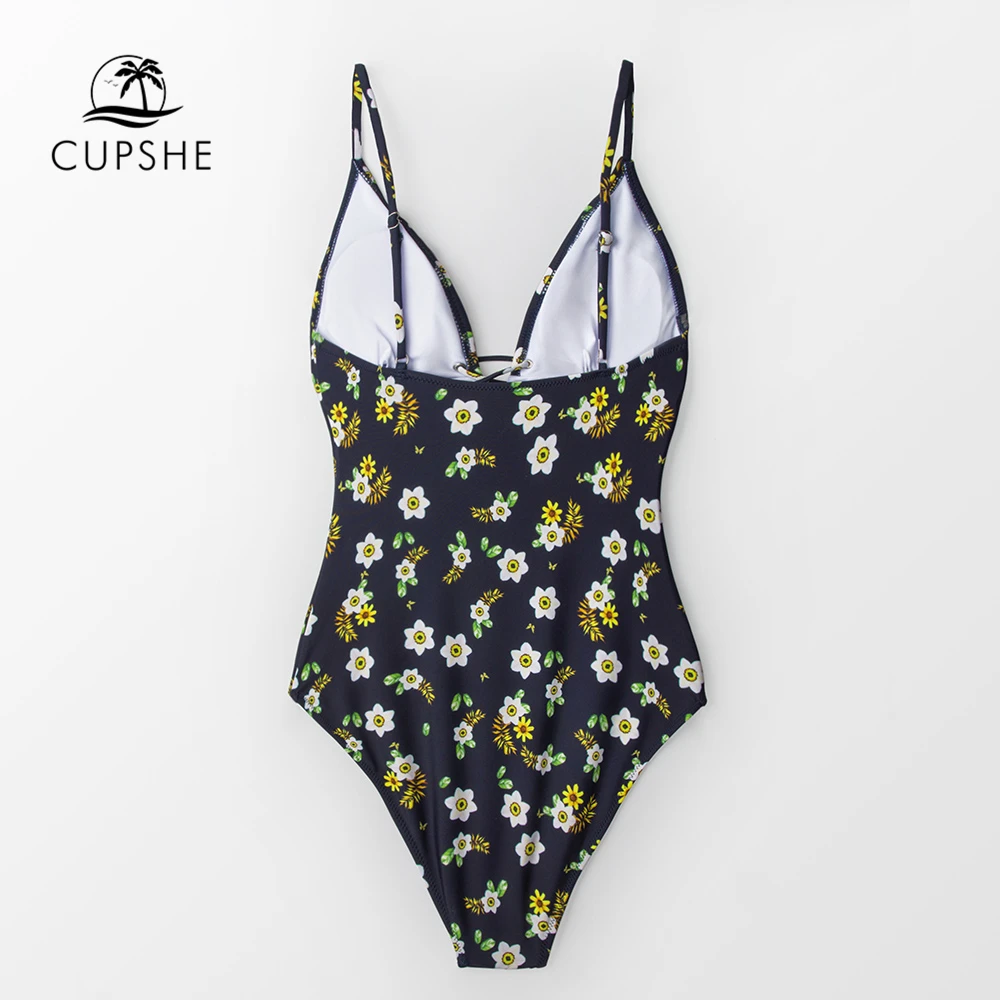 Günstige CUPSHE Floral Print Lace Up Einteiliges Badeanzug Frauen Sexy Push Up Monokini 2020 Mädchen Boho Strand Bade anzüge Bademode