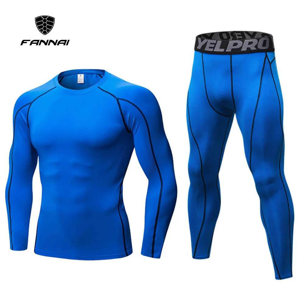 Plus Size Men's Sports Set Compression Sportswear Jogging Running Tracksuit Dry Fit Tights Gym Sets Workout Tracksuits XXL - Цвет: Blue