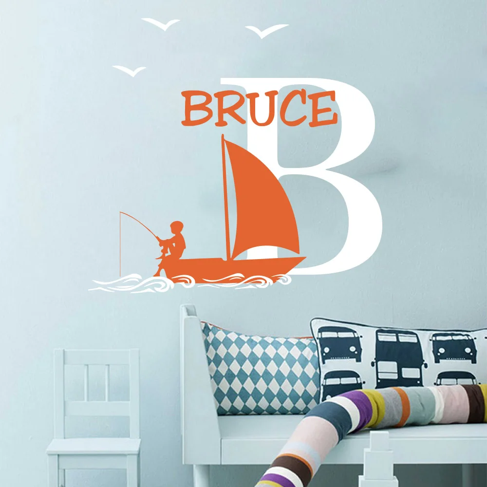 Custom Name Boat Boy Fish Wall Decal Kids Room Bedroom Personalized Name Boat Fishing Bird Wave Wall Sticker Boy Room Vinyl Art (4)