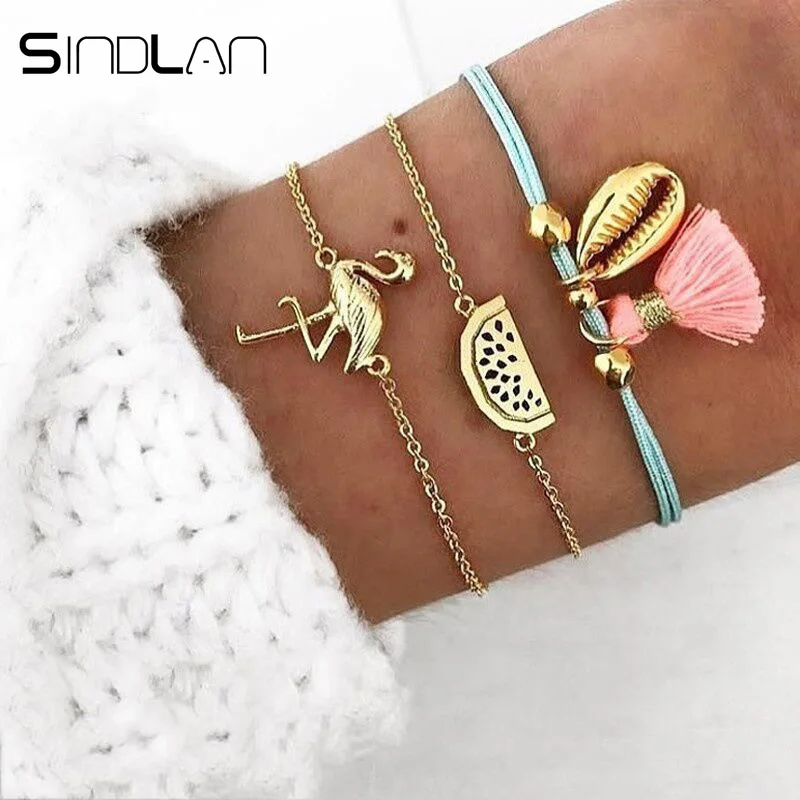 

Sindlan 3PCs Gold Watermelon Shell Bracelets Set Swan Tassel Charm Bangles Boho Bracelets for Women Bohemia Wrist Chain Jewelry