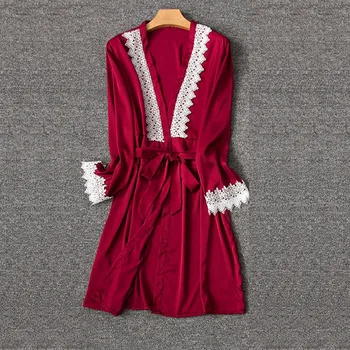 

bathrobe women pajamas for women Sexy Lingerie Women Silk Lace Robe Long Sleeve Stain Bathrobe Sleepwear Pajamas#3