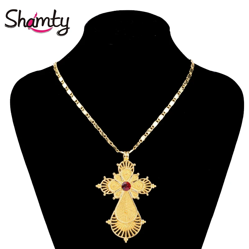 Shamty Habesha Style Pendant Necklace RED STONE Pure Gold Color African