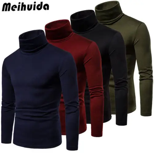 Hot Fashion Mens Sweater Solid Roll Turtle Neck Pullover Knitted Jumper Winter Male Fashion Casual Tops 2