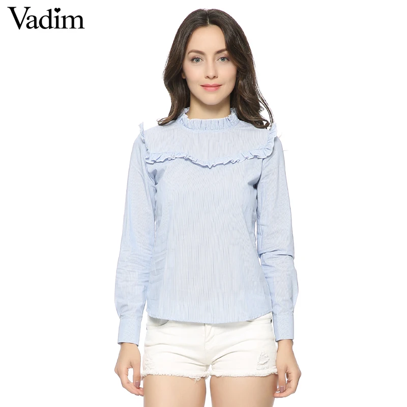 

Women full cotton sweet striped ruffles blouses long sleeve stand collar shirts ladies casual European style tops blusas LT1227