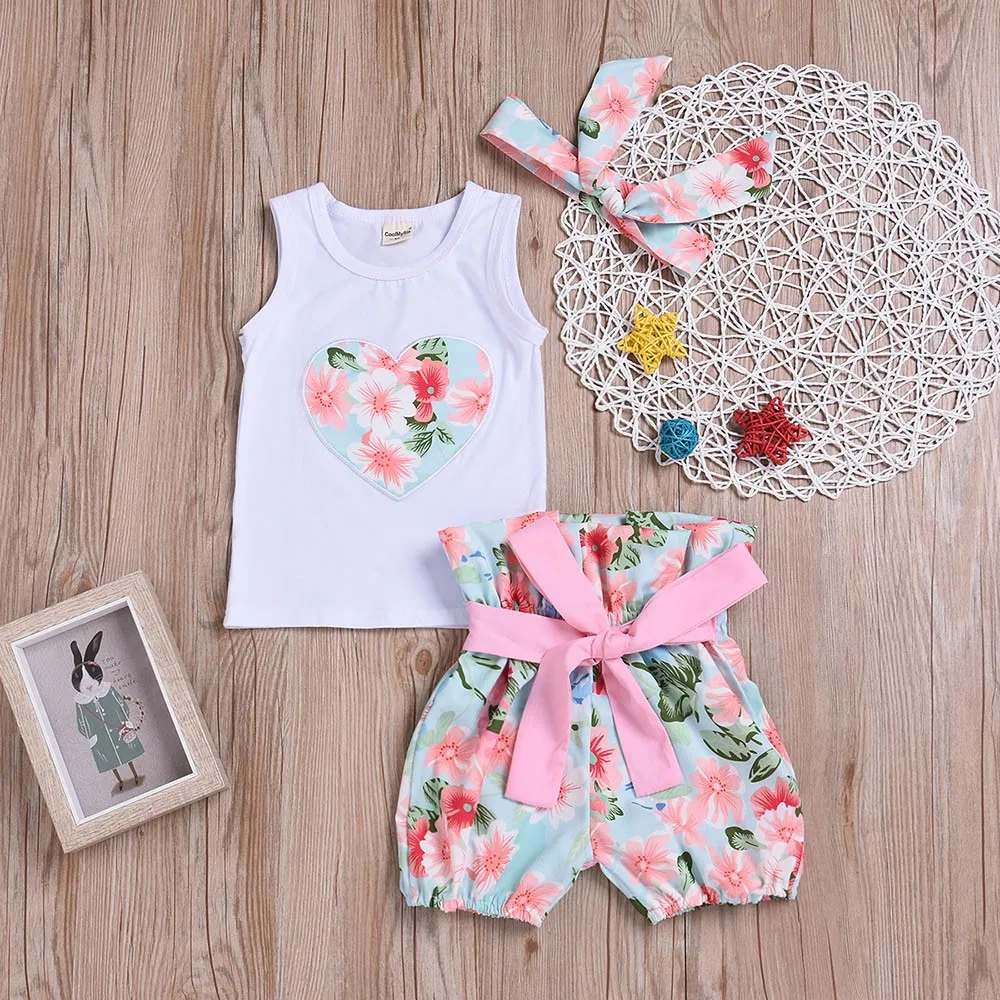 

Baby girl set 2019 Summer New 3PCS Baby Kids Girls Clothes Printing Vest+Flower Short Pants+Bowknot Set Outfit