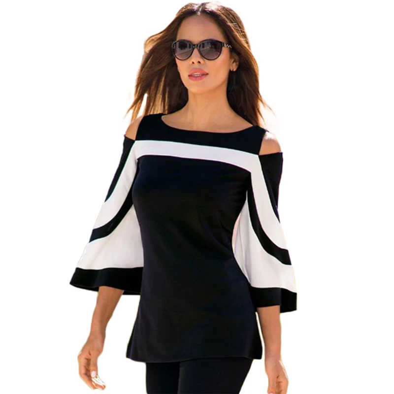White Colorblock Bell Sleeve Shirts 