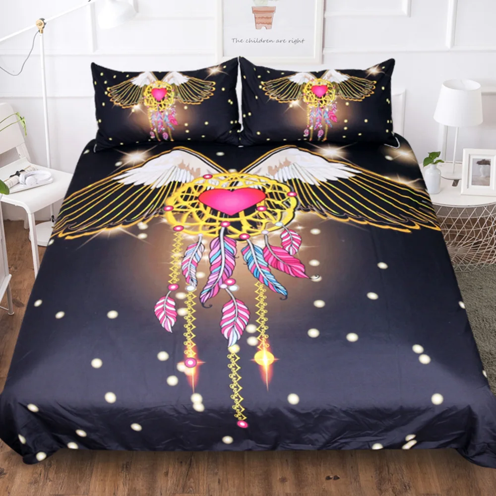 

Big Wings Dream Catcher Bedding Set Luxury Heart Shine Black Comforter Bedding Sets Queen King Full Twin Bedclothes Home Textile