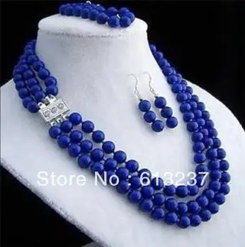 

hot free Shipping new 2014 Fashion Style diy 8mm 3rows lapis lazuli necklace bracelet earring sets GE4150