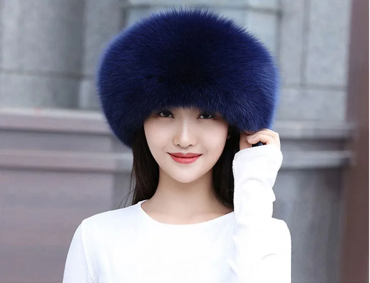 Новинка, роскошная женская шапка из лисьего меха, зимняя теплая Модная шапка из натурального Лисьего меха - Цвет: Синий