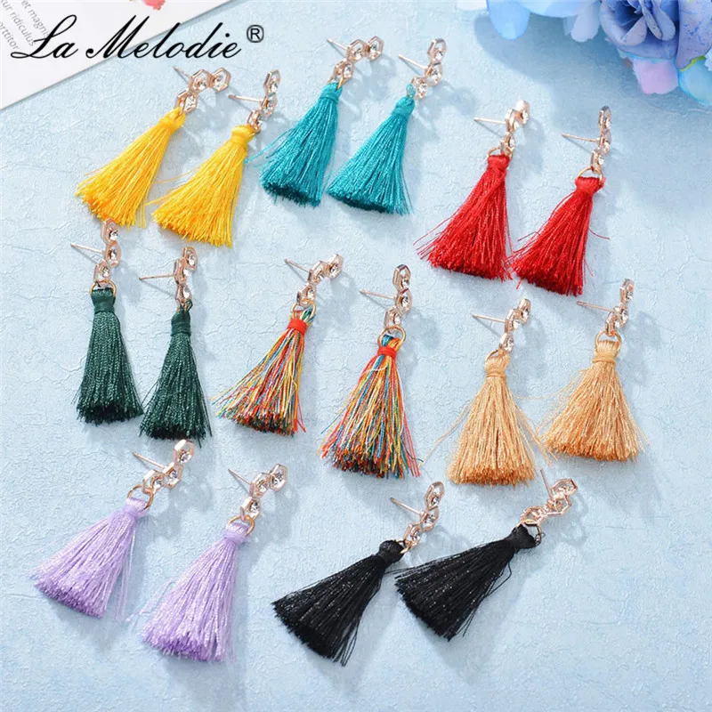 

New Bohemia Multi-color Geometric Metal Rhinestone Tassel Drop Earrings For Women Boho Ethnic Fringed Dangles Earring For Female