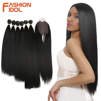 FASHION IDOL Yaki Straight Hair Bundles 7Pcs/Pack 16-20inch Ombre 613# Synthetic Hair Bundles With Closure Weave Hair Extension 1