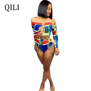 

QILI Women Beach Bodysuits Two Piece Set Lace UP Rompers Off Shoulder Long Sleeve Sexy Bodysuit Shorts Sets Beach Wear
