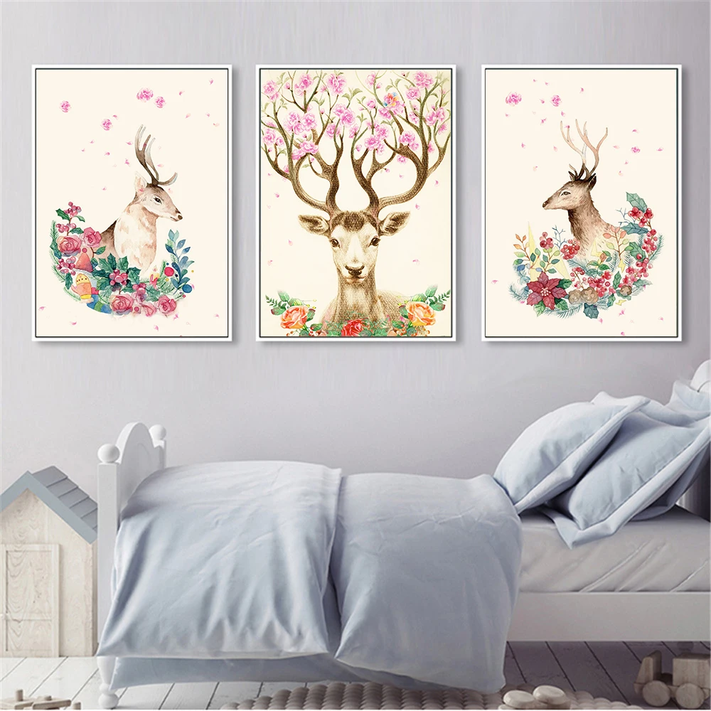 Flores-da-aguarela-Sika-Veados-N-rdico-Impress-o-Cartaz-Arte-Da-Parede-Da-Lona-Pintura (2)