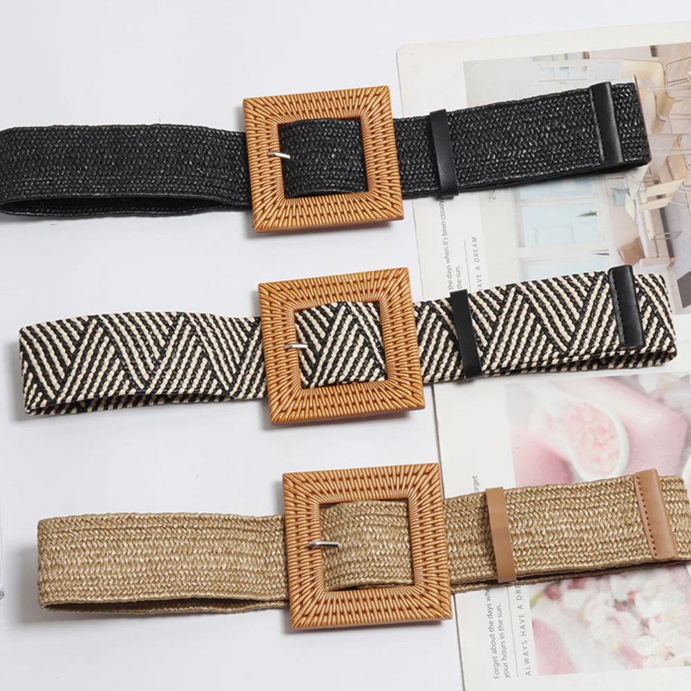 Brand New Fashion Sexy Women Round Elastic Belts Casual Girl Square Wooden Buckle Straw Belt Braided Woven Waistband Hot Sale