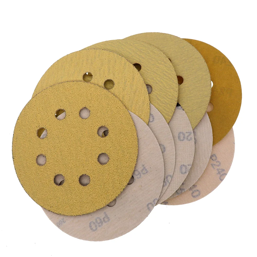 

100Pcs 5 Inch 8 Holes Hook and Loop Gold Sandpaper Sanding Disc Aluminium Oxide 60 to 1000 Grits for Metal & Automotive Sanding