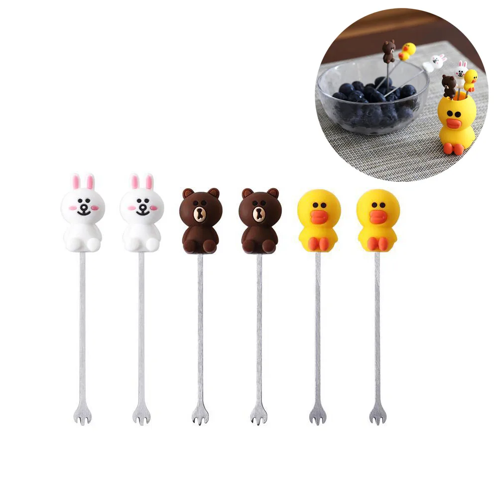 

6Pcs/set Reusable Fruit Fork Toothpicks Silicone Animal Farm Fruit Fork Bear Rabbit Yellow Duck Food Dessert Cake Picks Holder 3