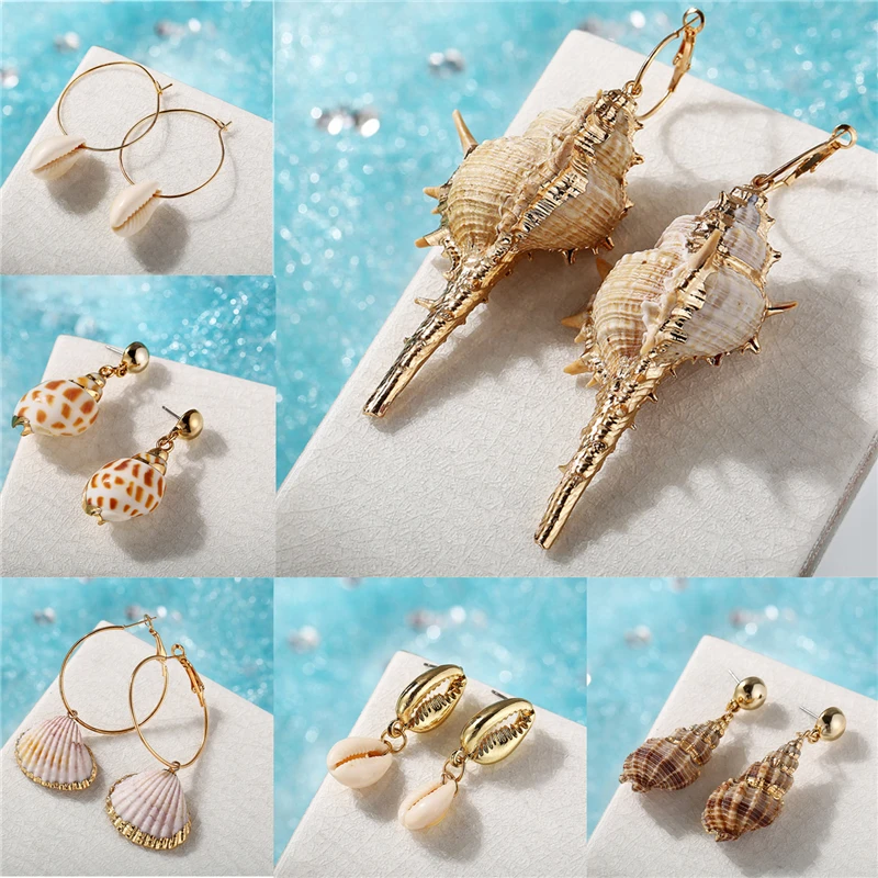 2019 New Sea Shell Earrings For Women Gold Color Round Geometric Drop Pearl Shell Earrings Summer Beach Ladies Fashion Jewelry
