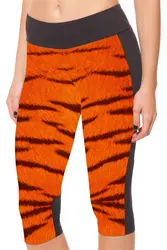 Женские брюки до середины икры оранжевые леопардовые с цифровой печатью тонкие высокие эластичные леггинсы с боковыми карманами