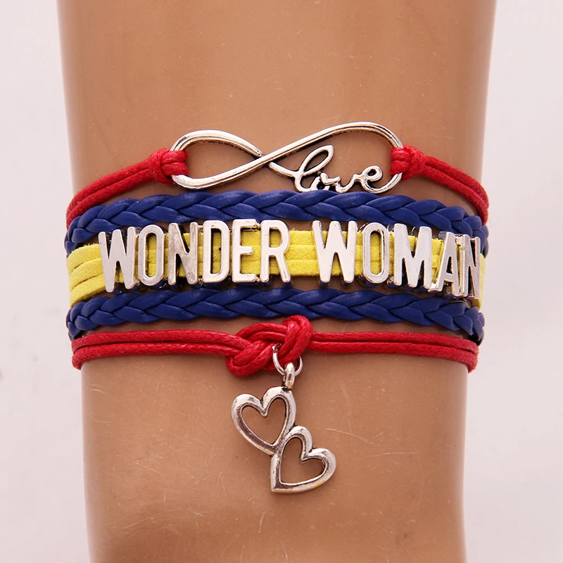 

Infinity Love heart to heart charm Wonder Woman Bracelet & bangles red blue yellow braided Wonder Girl bracelets women girl gift