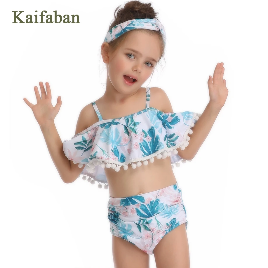 

Girls Kids Kawaii Tassel Split Bikini Swimsuit Swimwear Cute Tropical Plants High Waist Off Shoulder Plavky Tankini Bathsuit