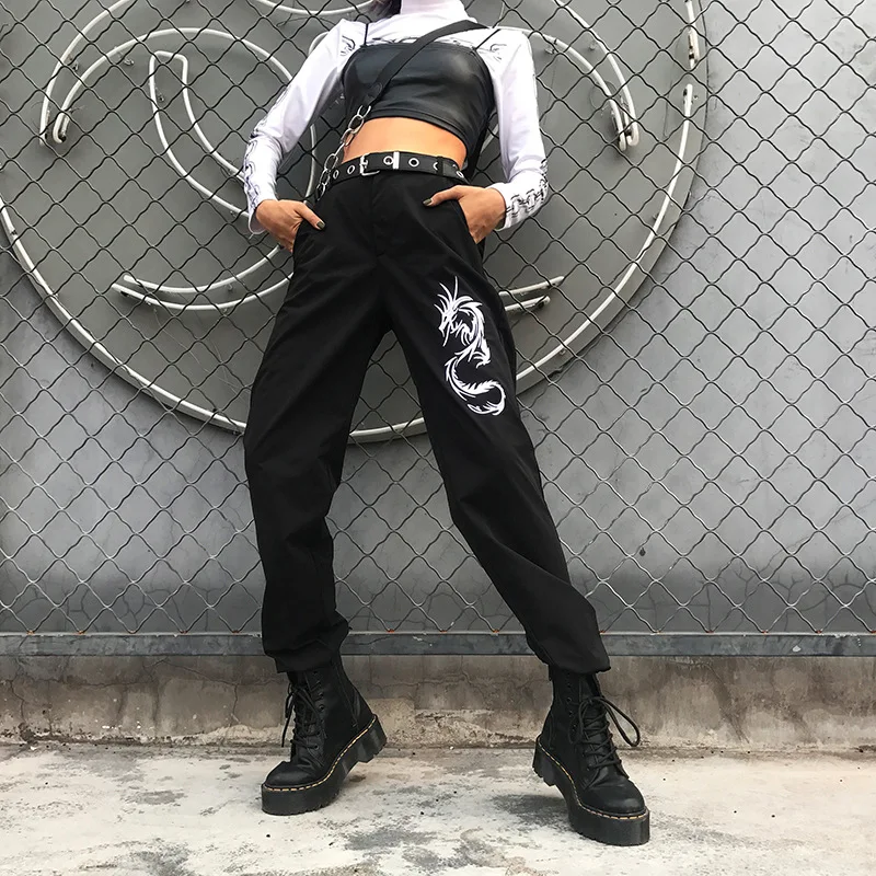 

2019 Dragon Embroidery Joggers Women Black Harem Pants High Waist Loose Pants Plus Size Female Streetwear Casual Trousers