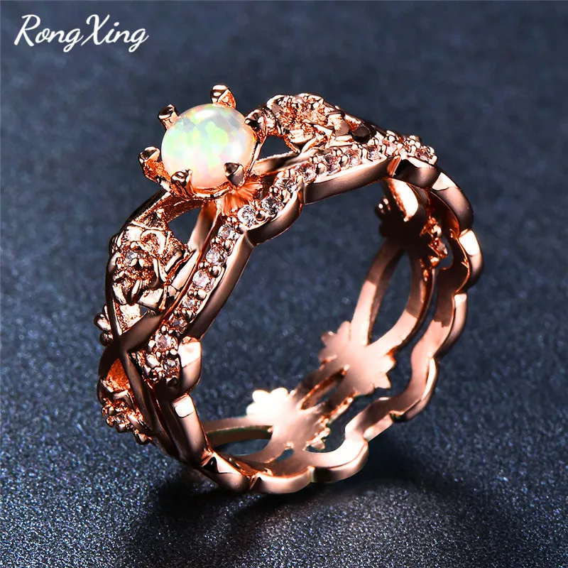 RongXing Rose Gold Filled White Fire Opal Flower Ring Set