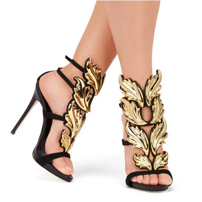 Zapatos Muje 2017 Роскошный Черный Обнаженная Металлик Крылатый Гладиатор Женщины