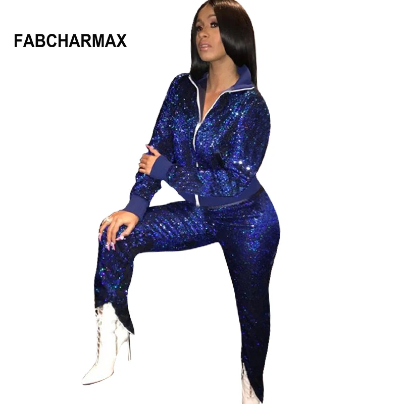 FABCHARMAX Новый Модный комплект из двух предметов с синими блестками, спортивный костюм, топ и штаны на молнии, модный костюм с блестками