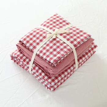

4pcs 100% Washed Cotton Red Plaid quilt cover set Queen King size